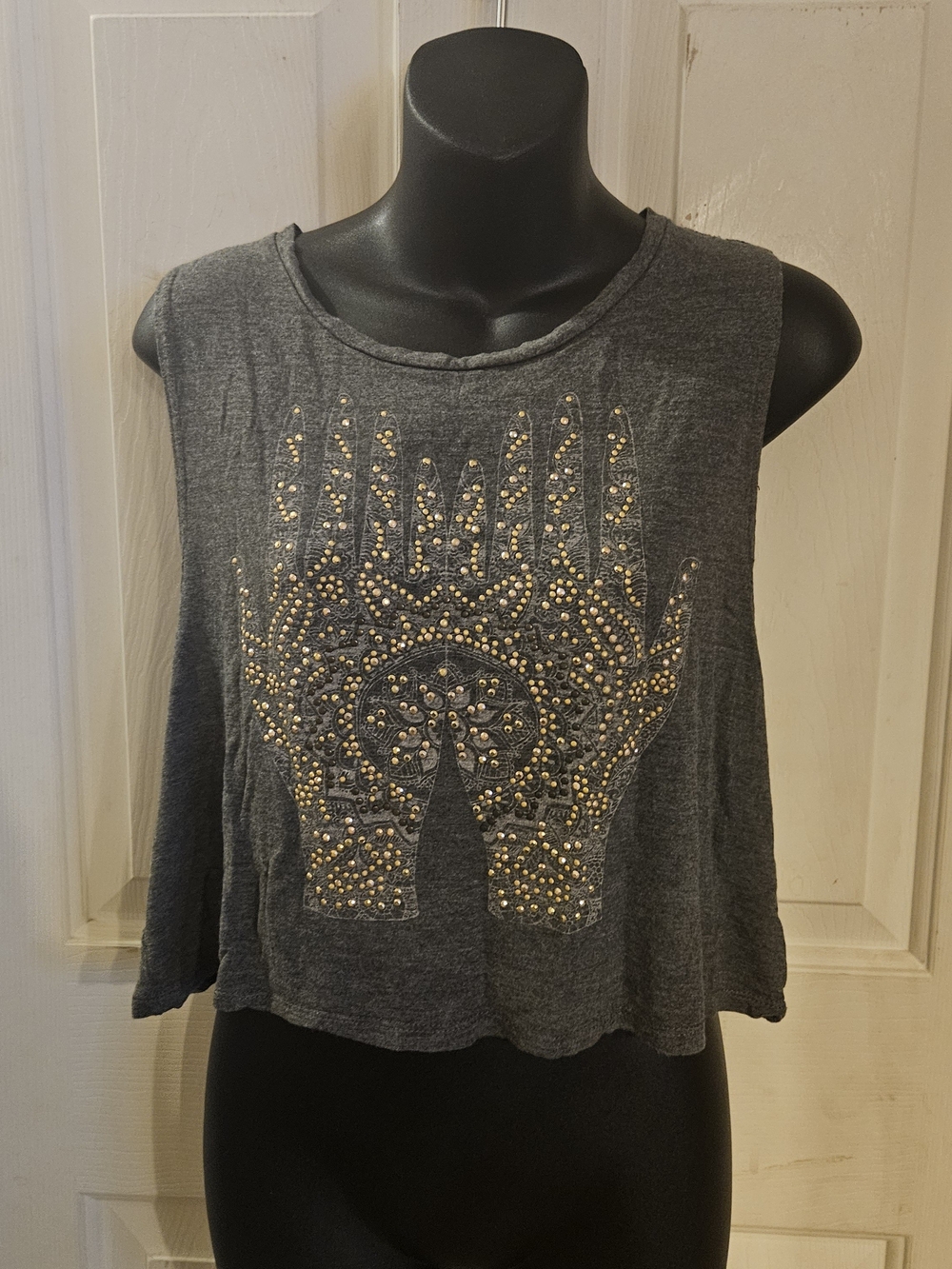 Studded Hand Graphic Cropped Tank Top - Dark Gray Vintage